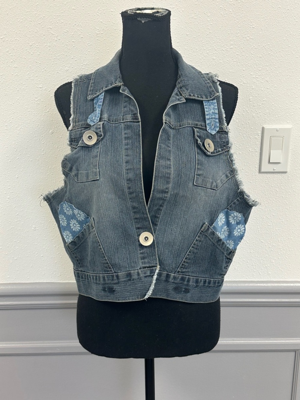 Distressed Denim Crop Vest with Floral Pocket Accents Custom (1022)